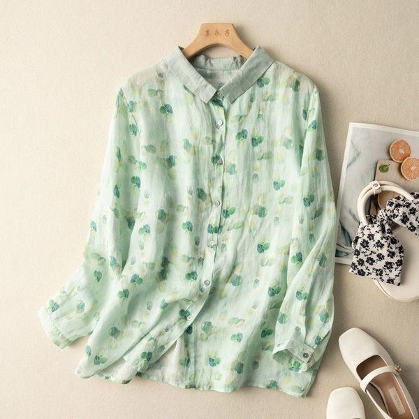 Chemisiers pour femmes Chemises Harajuku Printemps Femmes Chemise en coton et lin boutonnée Rétro imprimé floral Lâche Haut à manches longues Automne Casual Dames Tops