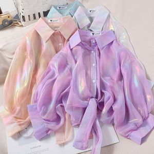 Dames Blouses Shirts HELIAR Dichtgeknoopte Shirts Dames Halve Mouw Shining Sparkles Gebonden Taille Sexy Chiffon Blouses Shirts Voor Vrouwen Zomer Herfst 230615