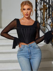 Blouses shirts voor dames hoogwaardige mesh blouse zwarte lange mouw bodycon top 2023 uitbenen slank sexy voor vrouwen feest casual wearwomen's