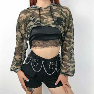 Blusas de mujer Camisas Hirigin Mujer Blusa con estampado de camuflaje Perspectiva See-through Crop Tops Baño Protector solar Playa Estilo casual Hoode