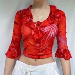 Dames Blouses Shirts Hirigin Y2K Vintage Ruffles Crop Tops Tie Dyeing Print Half Mouw Retro Kawaii Party Academische Vrouwen Herfst Grunge