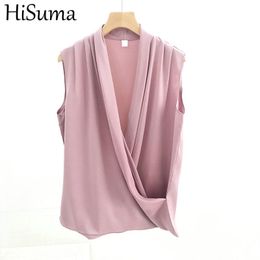 Women's Blouses Shirts Hisuma Summer Deep V-Neck Vrouwen Mouwloze zachte cross pullover Basis shirt Casual dame sexy losse size feest chiffo