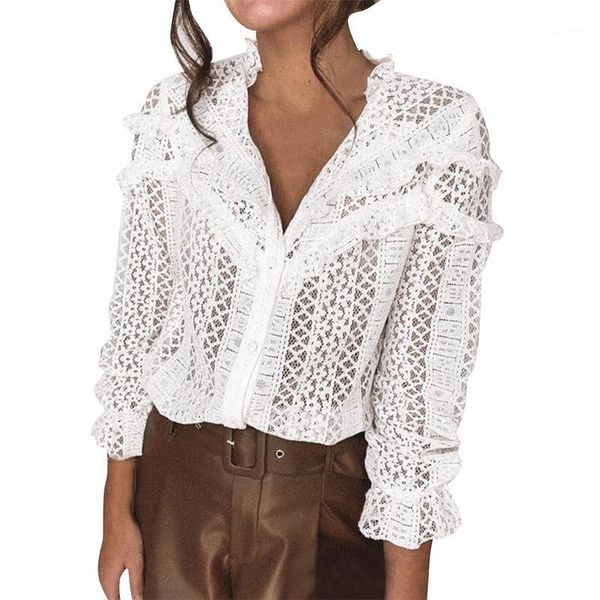 Blouses Femmes Chemises Crochet Fleur Hollow Hollow Lace up été Voir Thorugh à manches longues Femme Blouse 2022 Élégantes Dimensionnés Dames Tops