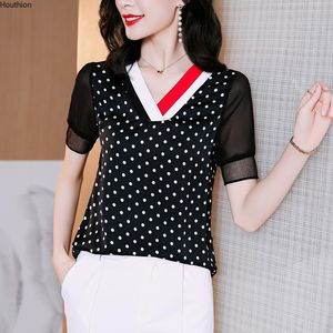 Blusas de mujer Camisas Houthion Blusa de manga corta Blusas de ocio de seda Moda cómoda Verano con cuello en v Lunares Blusas de empalme coreanas