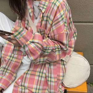 Damenblusen Hemden HOUZHOU Vintage Rosa Karierte Hemden Frauen Harajuku Langarm Koreanische Mode Blusen Übergroße Streetwear Y2k Ästhetische Kleidung YQ231214