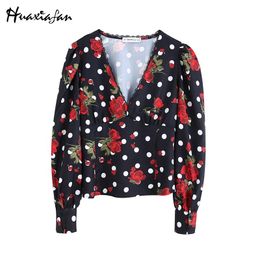 Blouzen voor dames shirts huaxiafan blouse dames polk dot bloemen gedrukte puff mouw v neklijn rode roos elegante vrouwelijke herfst zwart kant