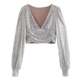 Blouses voor vrouwen shirts Huaxiafan vrouwen sexy mode glanzende lovertjes feest gewas vintage zijkant zip -rits met lange mouwen vrouwelijke blusas chic topswomen