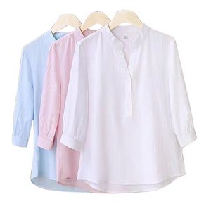 Chemisiers pour femmes Chemises Insta Demi Manches Chemise Élégante Blanc Bouton Rose Chemisier Vintage Col Montant Dames Chemise En Coton Femme Casual S3XL 220923