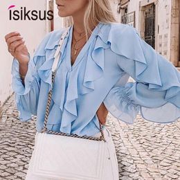 chemisiers pour femmes chemises isiksus col en V en mousseline de soie haut de bureau et été à manches longues élégant automne volants chemise décontractée pour BS053 230303