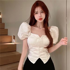 Chemisiers pour femmes Chemises Jacquard Manches bouffantes Col carré Trier Top Designer Shirt Femmes Été Hors Épaule Mode Sexy Streetwear Blanc