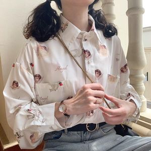 Blouses voor dames shirts Japanse lantaarn mouw t -shirt angel print dames shirt vintage elegante blouse voor meisjes kleding kawaii shirtvrouwen '