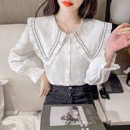 Blouzen voor dames shirts Japanse zoete lolita -stijl Peterpan kraag blouse meisjes schattige ruches witte jk vrouwen preppy chic lange mouw blusas