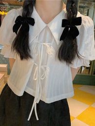 Chemisiers pour femmes Chemises Femmes japonaises Col de poupée mignon Blusas Mujer De Moda All Match Manches bouffantes Chemise blanche Bandage Camisas Hauts à la mode