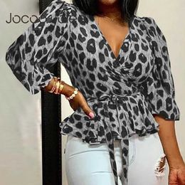 Blusas de mujer Camisas Jocoo Jolee Vintage Estampado de leopardo Fajas con cordones Tops tipo túnica Office Lady Cuello en V Blusa delgada Camisas casuales Ropa de oficina Camiseta