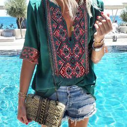 Blouses Femmes Chemises Jocoo Jolee Femmes Boho Demi-manches Col V Blouse Lâche Vintgae Indie Folk Style Été T-shirt Plage Voyage Tops Tee SurdimensionnéML1P