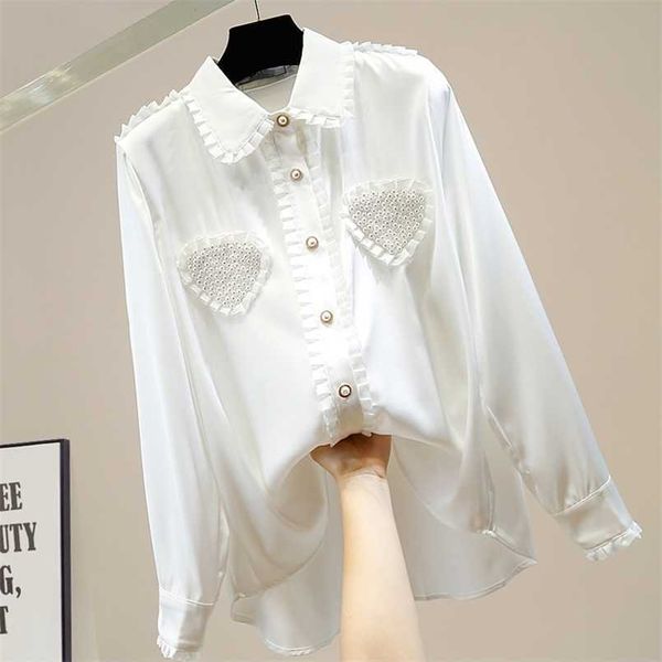 Blusas para mujer Camisas JSXDHK Mujeres de lujo Blusas blancas de manga larga Primavera Precioso con cuentas Plisado Encaje Gasa Perla Solo pecho Camisa suelta Femme 220923