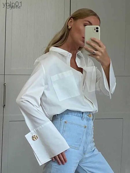 Blouses Femme Chemises Jyate mode femme Blouses 2023 élégant revers longue Sle bureau dame chemises décontracté lâche blanc poches hauts Fe ClothingL231214