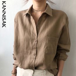 KANNISAK printemps automne femmes chemises à manches longues coton lin Vintage décontracté chemises lâches Blouse solide simple boutonnage haut 230308