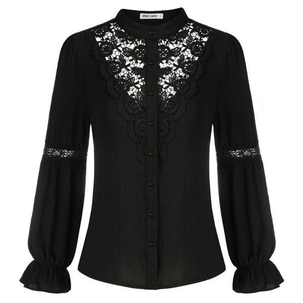 Blouses pour femmes chemises KARIN femmes rétro à manches longues en dentelle victorienne évider chemise boutonnée t-shirts bureau dame vêtements de travail A50 femmes