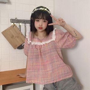 Blouses voor dames shirts kawaii puff mouw shirt schattig rechte girly top Japanse zachte zoete vierkante kraag blouse zomer roze geruite stoffen