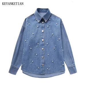 KEYANKETIAN Automne Perle Embelli Denim Chemise Style Français Mode Boutons À Manches Longues Lâche Crop Top Chemise 231207