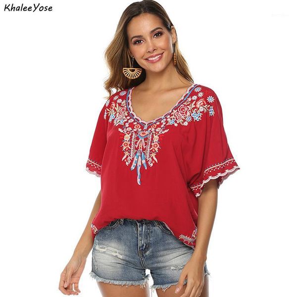 Blusas de mujer Camisas KHALEE YOSE Camisa con bordado floral rojo Algodón Boho Hippie Mexicano Manga corta Tallas grandes 23xl Étnico