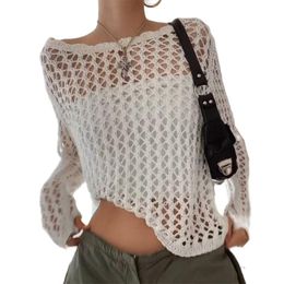 Blouzen shirts voor vrouwen gebreide holle gaten blouse zomer stevige lange mouw ronde nek perspectief vrouwelijke cover ups croche