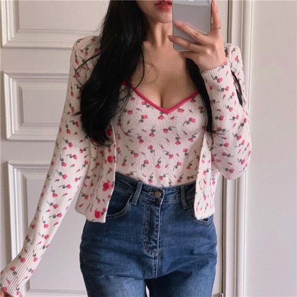 Blusas de mujer Camisas Tops de punto Mujeres Primavera Verano Top Chica delgada Camisa corta 2022 Manga larga Asiática Mujer Blusa floral Corea 9TE3