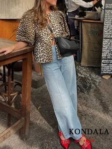 Chemises de chemisiers pour femmes Kondala vintage Leopard Imprime-shirts lâches Femmes O Boutons d'arc de cou Short Blouses Slew Fashion 2024 Été Streetwear Tops D240507