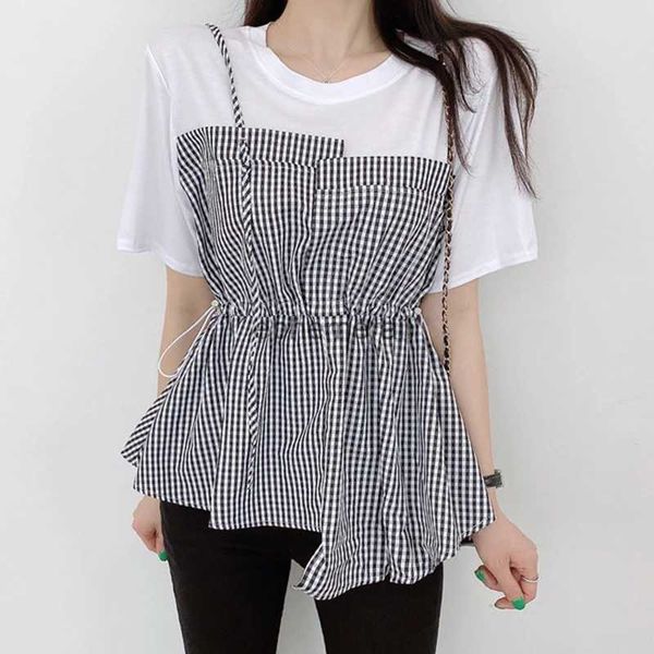 Blusas de mujer Camisas Corea Nicho Temperamento Cuello redondo Tirantes Costuras a cuadros Diseño falso de dos piezas Cordón en la cintura Camisa de manga corta Mujer YQ231208