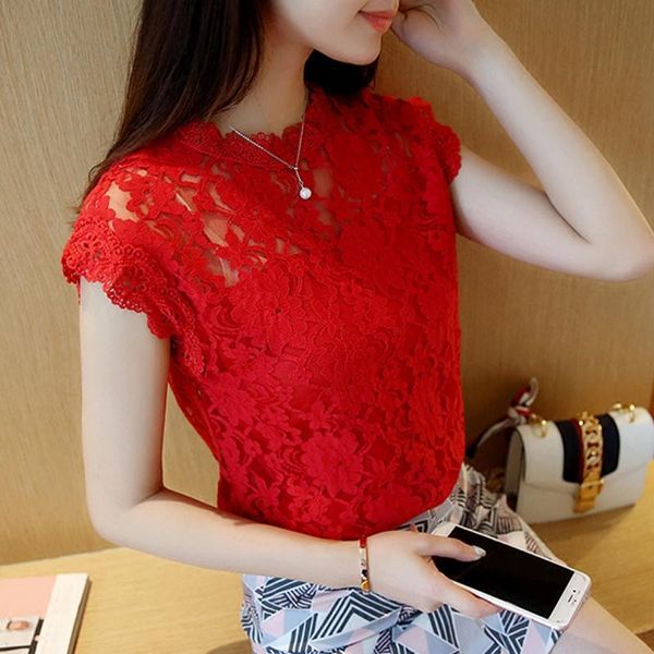 Chemisiers pour femmes Chemises Vêtements de mode coréenne Plus la taille Solide Chemise rouge sans manches Femmes Chemisier en dentelle Été Hauts pour femmes et Blusas Mujer