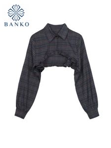 Damen Blusen Shirts Korean Fashion Plaid Crop Tops Damen Frühlingskleidung Vintage Rüschen Umlegekragen Langarm Button Casual Ladi