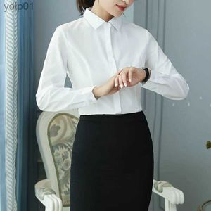 Chemisiers femme Chemises coréennes dames hauts printemps automne chemise blanche chemisiers pour femmes décontracté à manches longues revers cacher bouton chemise d'affaires formelle BlusasL231214