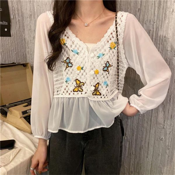 Blouses Femmes Chemises Style coréen Sexy Hollow Out Blouse en dentelle 2022 Printemps Boho Vêtements Crochet Tricoté Tops Femmes Rétro Broderie Shir