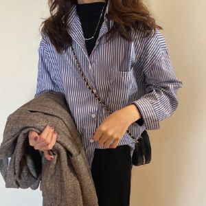 Blouses voor dames shirts kpop blouse voor vrouwen in Koreaanse in Koreaanse blauw en wit verticaal gestreepte shirt dameshemd vrouwelijke lange mouw tops losse lazin 230317