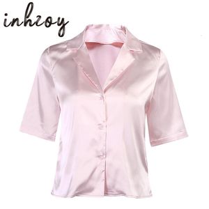 Women's Blouses Shirts Ladies Work Wear Casual Short Sleeve Satin Silk Turn Down Collar Blouse Solid Color Chic Tops Pink For Women 230517