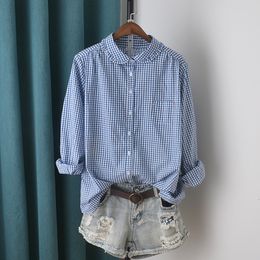 Blusas de mujer Camisas Lamtrip Azul Blanco Plaid Estilo preppy Peter Pan Collar Kawaii Camisa de manga larga Estudiantes coreanos Blusa Chica 230302