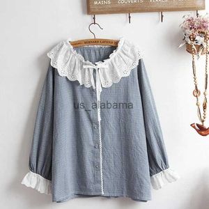 Camicette da donna Camicie Lamtrip Boutique Plaid in pizzo Drap Colletto alla Peter Pan Camicia a maniche lunghe Camicetta Lolita Kawaii Top YQ231214