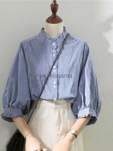 Damesblouses Overhemden Lamtrip Preppy-stijl Blauw en wit geruite kraag met ruches en halve mouw Blouse YQ231214