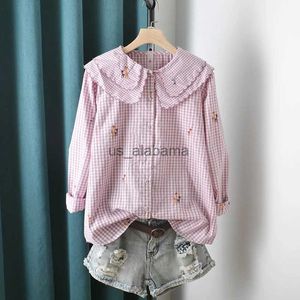 Damesblouses Overhemden Lamtrip Unieke Cartoon Match Borduursel Plaid Kawaii Katoen Lagen Peter Pan Kraag Shirtblouse 2021 Zomer YQ231214