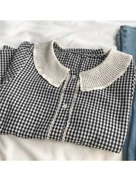 Blusas femininas camisas lamtrip único laço peter pan colarinho xadrez manga curta algodão estilo preppy camisa blusa 2023 verão yq231214