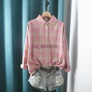 Damesblouses Overhemden Lamtrip Unieke Roze Zoete Plaid Peter Pan Kraag Katoenen Overhemdblouse Met Lange Mouwen YQ231214