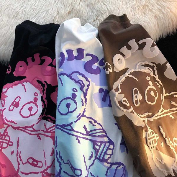 Blusas de mujer Camisas Camiseta de oso de talla grande Mujer Estilo americano Retro Algodón de gran tamaño Manga corta Ins Moda Dibujos animados Graffiti Top gordo Verano YQ240120