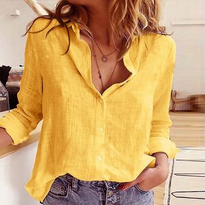 Blouses des femmes Shirts Loisure Blanc Yellow Bouton Revers Coton Top Top Dame Loose Line Longe Oversize Shirt Womens Automne Blusas 230906