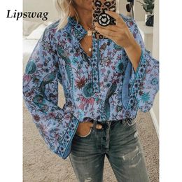 Damesblouses Shirts Lippenswag 2022 Boho Blouse Peacock Floral Print Lange Mouw Shirt Casual V-hals Vrouwen Tops Zomer Herfst Chique Vrouw