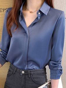 Femmes Blouses Chemises À Manches Longues Satin Blouses Pour Femmes Costume Chemises Dames Bureau Travail Porter Tops Bleu Noir Gris Femme Vêtements Blouse Femme 230306