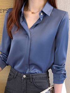 Blouses voor vrouwen shirts met lange mouwen satijnen blouses voor vrouwen passen shirts dames kantoor werk dragen tops blauw zwart grijs vrouwelijke kleding blouse femme 230308