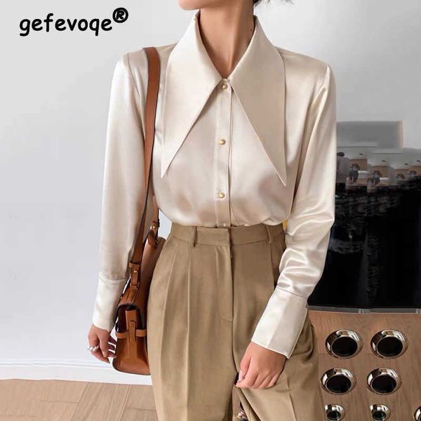 Femmes Blouses Chemises À Manches Longues Blanc Satin Blouse Femmes Automne Mode Lâche Vintage Bouton Chemise Femmes Vêtements Coréen Chic Revers Bureau Lady Tops P230427