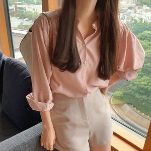 Vrouwen blouses shirts losse zoete blouse elegante roze gezellige lange mouw Vrouwelijke Koreaanse zachte dunne zachtjes tops