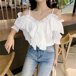 Blusas de mujer camisas Lucyever 2023 verano Sexy fuera del hombro mujeres elegante volantes Slash cuello chifón blanco moda Sling señoras camisa